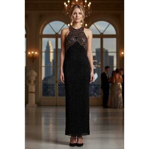 Laurence Kazar Black Beaded Sequin Gown Formal Maxi Dress Glam Evening M Galla